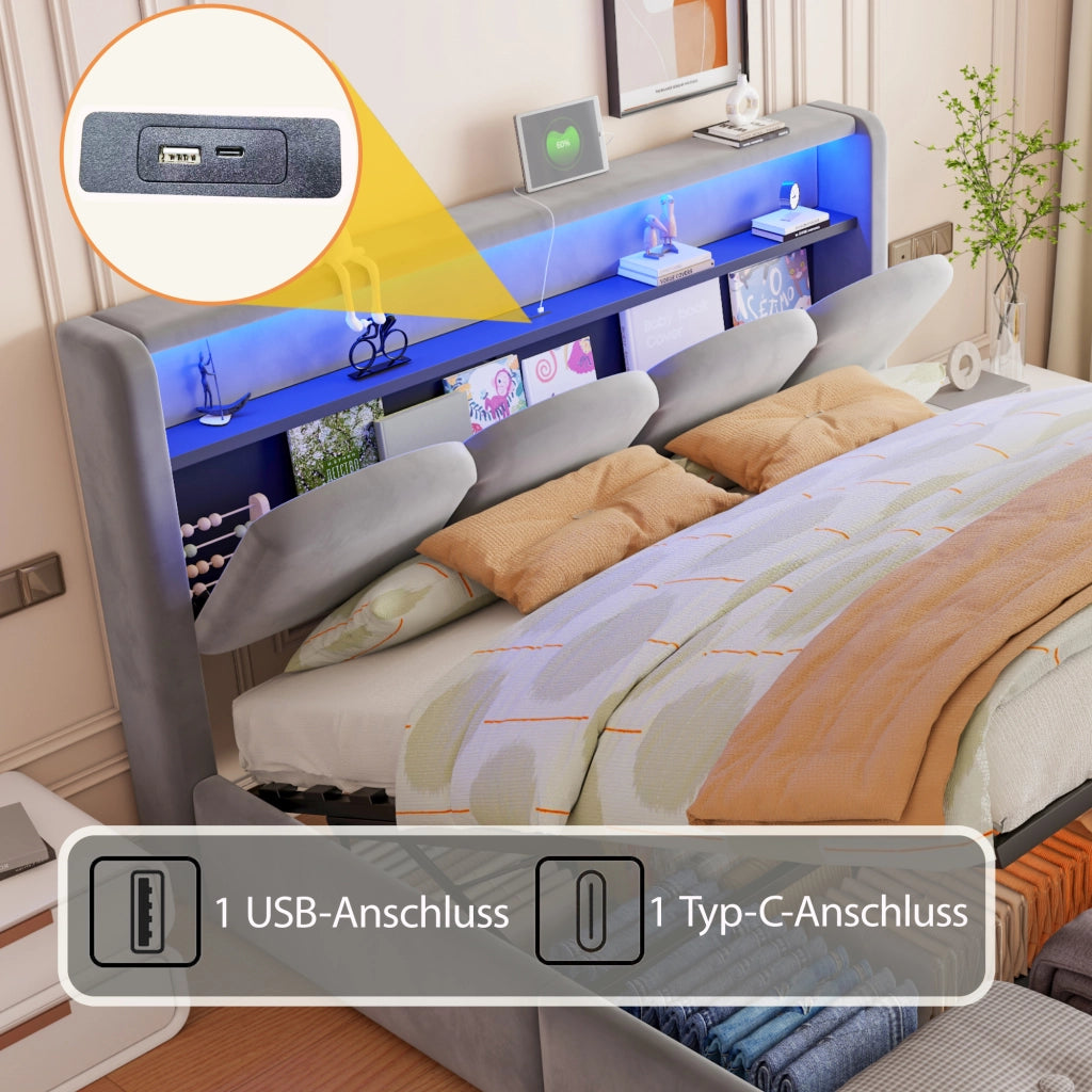 Letto imbottito matrimoniale 140 × 200 cm con contenitore, testiera con USB e Type-C, LED e velluto grigio