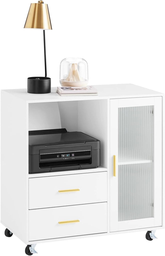 Cassettiera da Ufficio con Ruote, Supporto Stampante, Organizer da Scrivania, Mobiletto Contenitore con 2 Cassetti e 1 Anta in Vetro, Bianco 75x40x76 cm ASK09-W