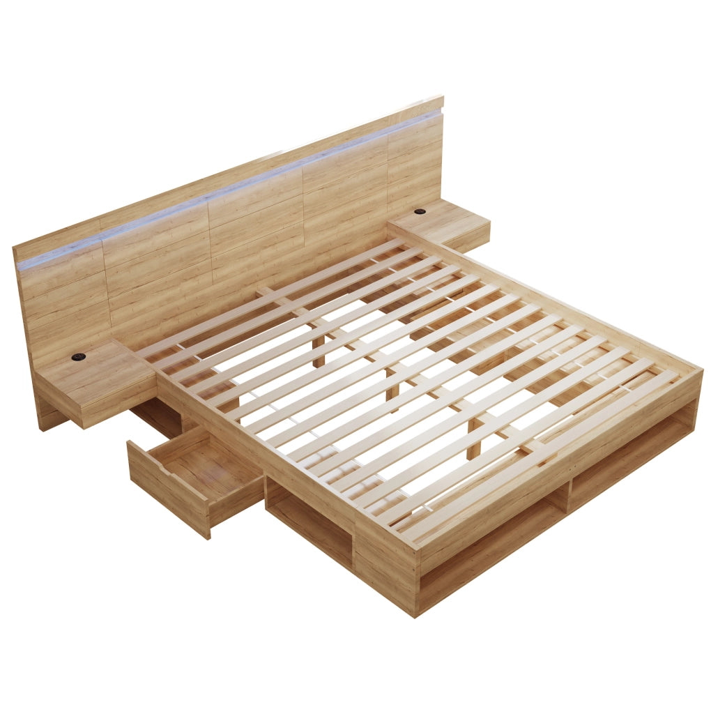 Letto matrimoniale contenitore in MDF naturale con LED; USB e USB-C; con comodini integrati