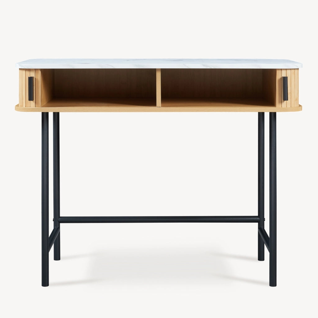 Tavolo Consolle Tvedestrand con Scomparti Chiusi in Bambù - Effetto Marmo Bianco / Colore Legno [en.casa]