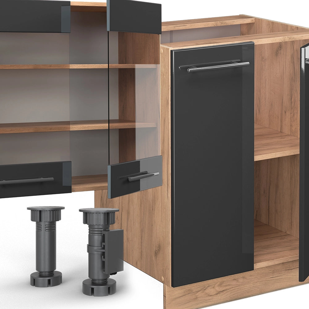 Cucina componibile Fame-Line Antracite lucido/Rovere dorato 300 cm con armadio alto, PL Marmo Vicco