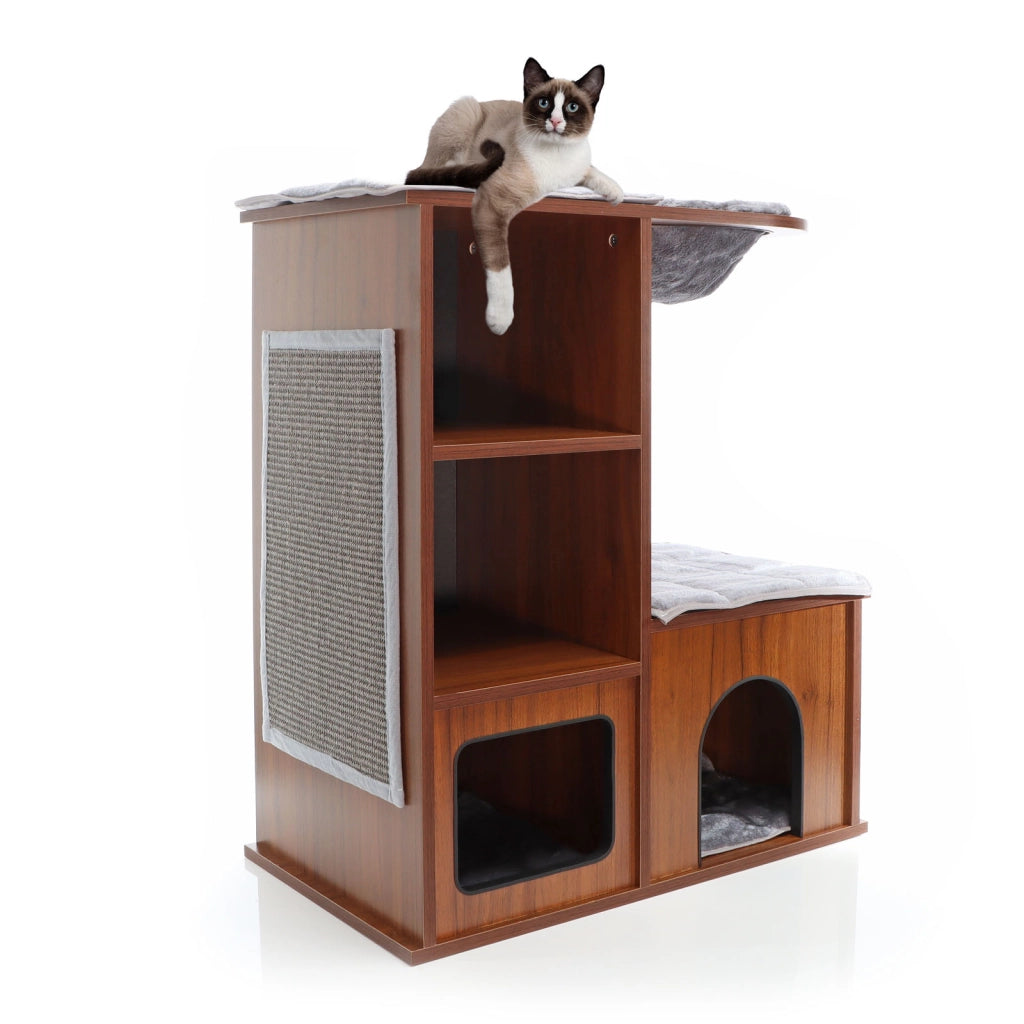 Fudajo Casetta gioco per gatti Design in legno marrone con cuscini e tappetino tiragraffi in sisal
