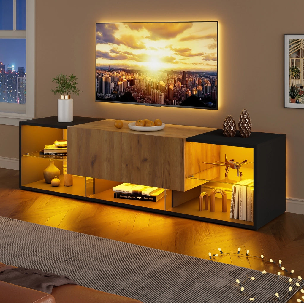 Mobile TV moderno nero con illuminazione LED e due cassetti
