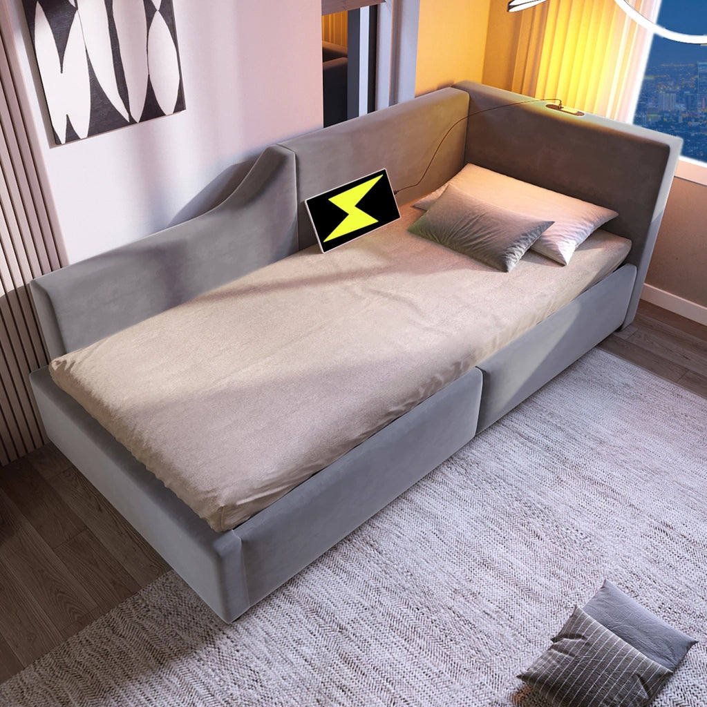 Daybed 90x190 cm in velluto grigio con vano contenitore, luce e USB-C