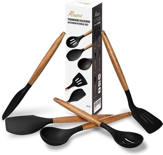 Kit di applicazione antiaderente in silicone per utensili da cucina con maniglia in legno di acacia naturale, 5 pezzi, nero, resistente a elevate temperature.
