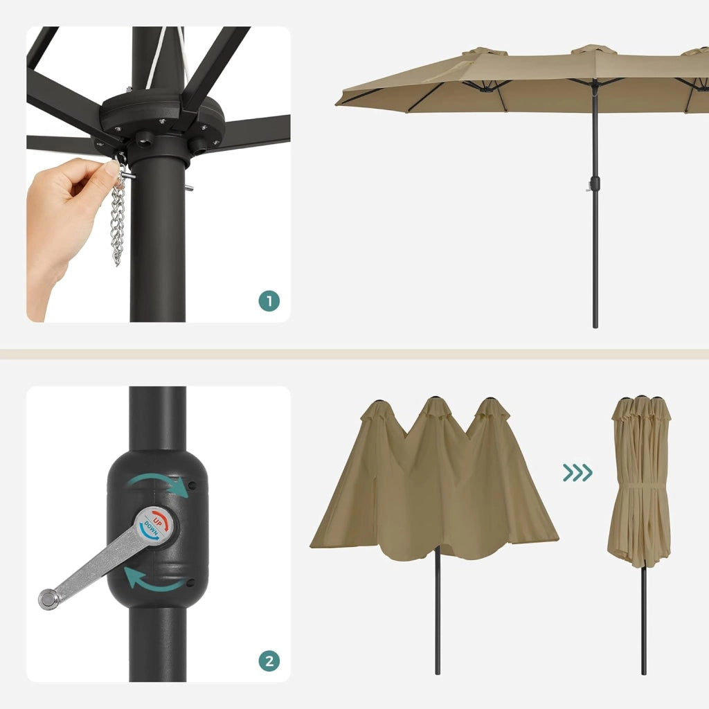SONGMICS Ombrellone Doppio da Giardino, Parasole di 460 x 270 cm, Extra Grande, UPF50+, con Manovella, per Mercato Esterno Terrazzo, Base non Inclusa, Tortora GPU36BR