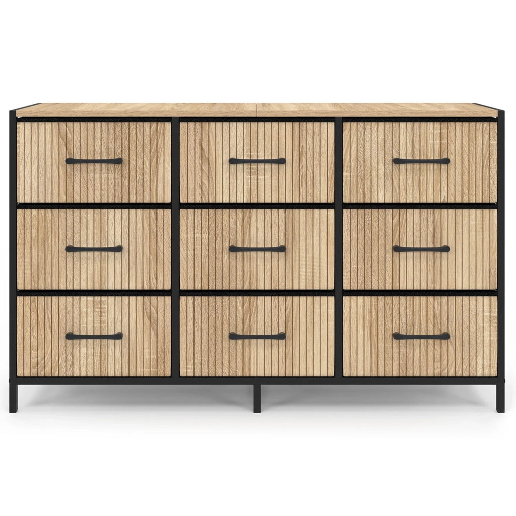 IDMarket - Cassettiera in tessuto a 9 cassetti UTAH 115 CM, mobile contenitore di design industriale con effetto a doghe
