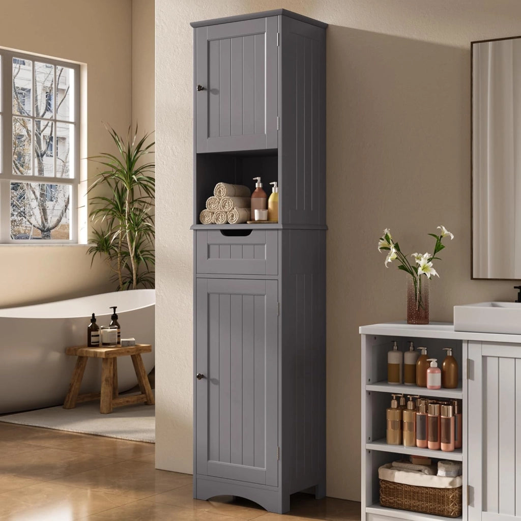 Armadio da bagno alto,Colonna Bagno Stretta con ripiani regolabili, cassetto, scomparto aperto, ante magnetiche e antiribaltamento, 170 x 40 x 30CM Grigio