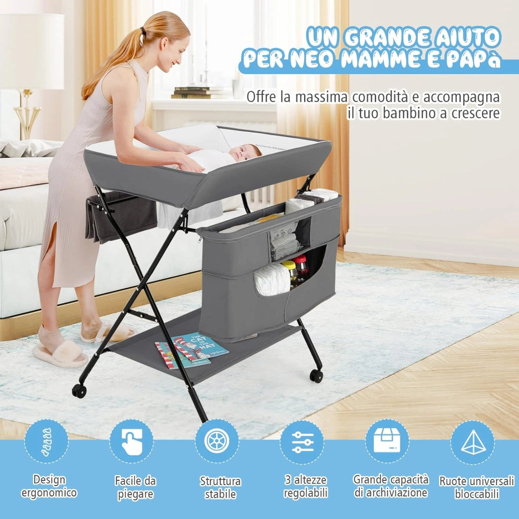 4-in-1 Fasciatoio Pieghevole con Rotelle, Altezza Regolabile, Fasciatoio Portatile con Portaoggetti Borsa e Ripiano, Fasciatoio Neonato 0-12 Mesi (Grigio)