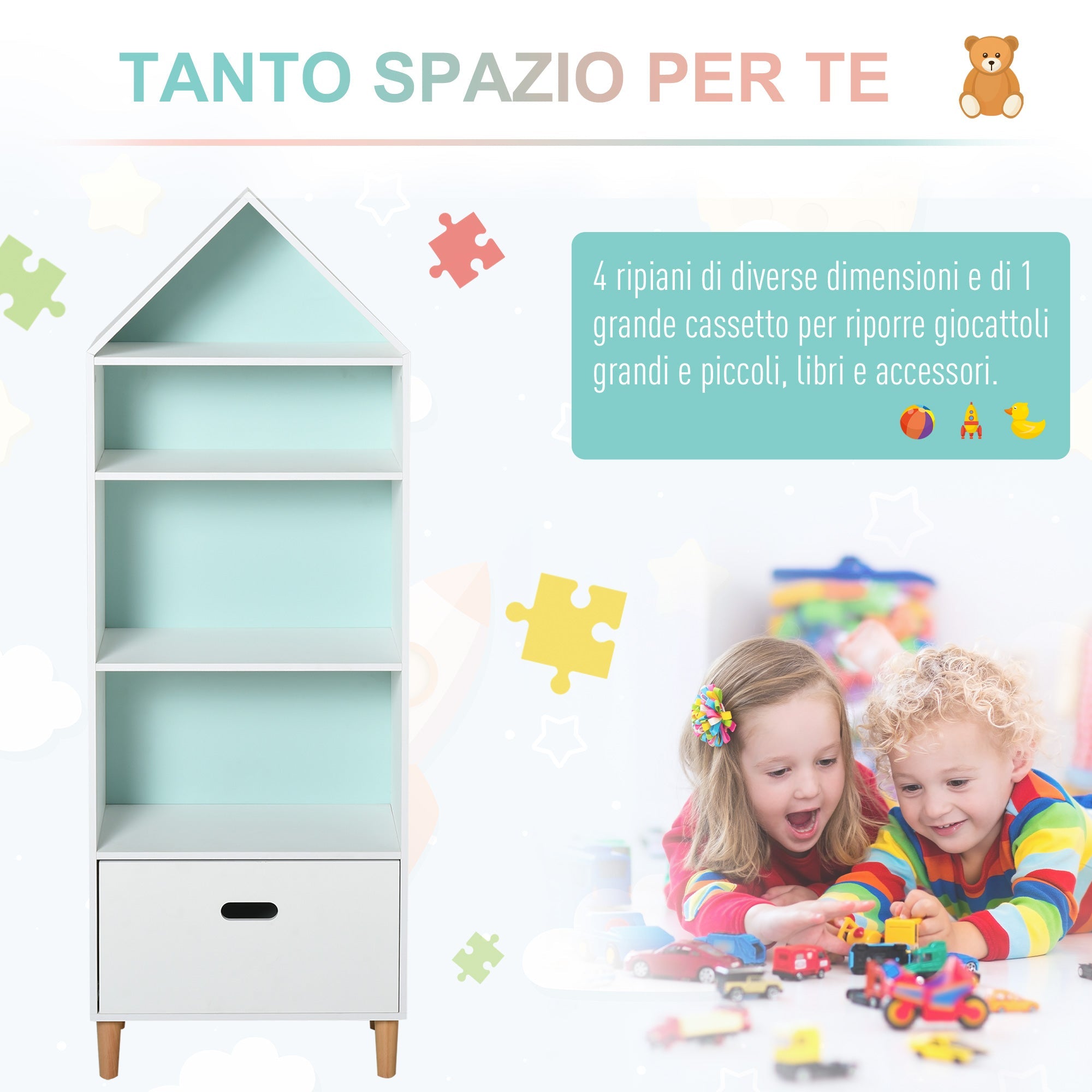 Libreria 4 Ripiani 1 Cassetto 50x30x142 cm  Bianco e Azzurro