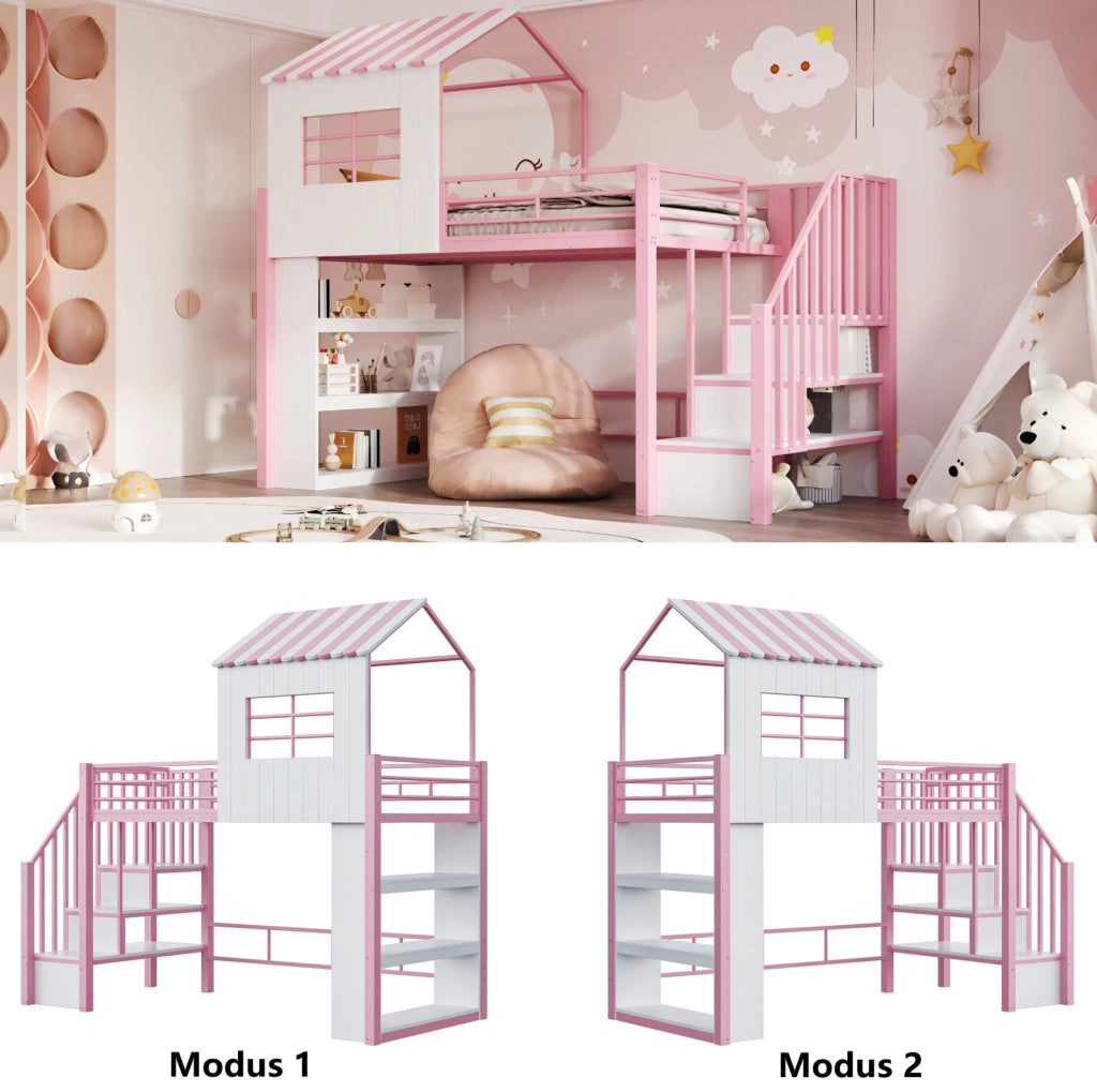 Letto a soppalco multifunzione 90x200 cm con scala contenitore e ripiani; rosa