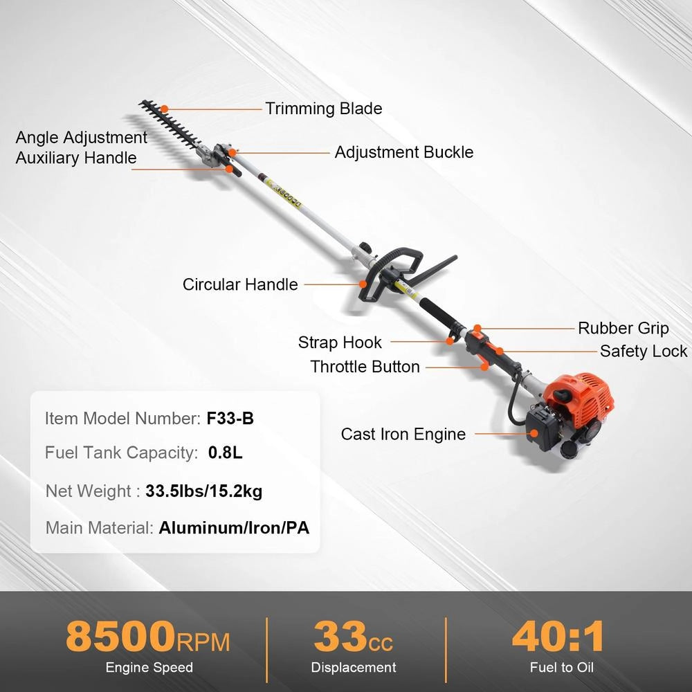 6-in-1 Petrol Hedge Trimmer, 33cc Long-reach Hedge Trimmer, 0.8L