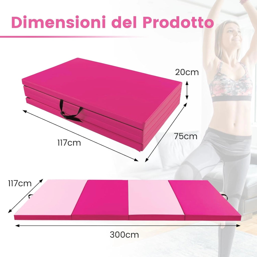 Tappetino Palestra Pieghevole a 4 Pannelli, Tappetino Ginnastica 300 x 117 x 5 CM con Maniglie e Chiusure a Strappo, per Ginnastica, Yoga e Stretching