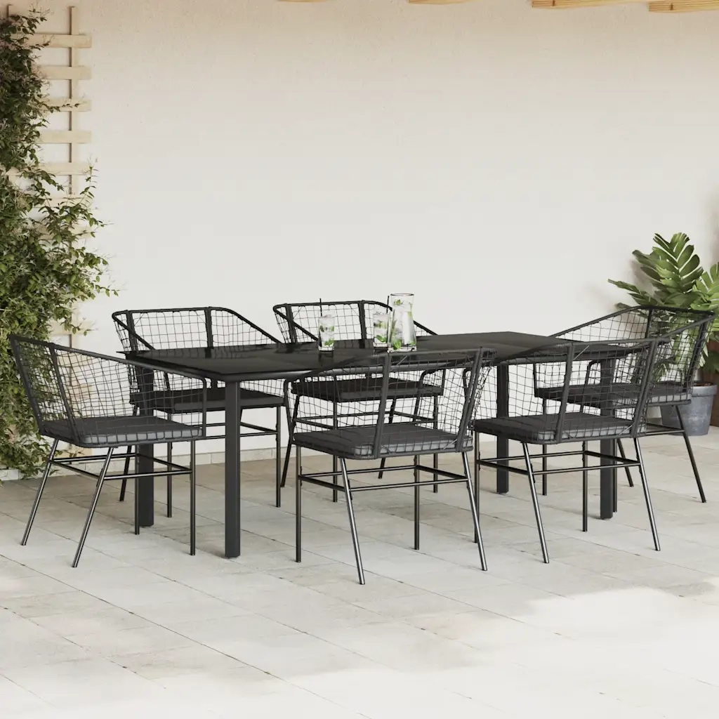 vidaXL Set Pranzo da Giardino 7 pz Nero con Cuscini Polyrattan Vetro