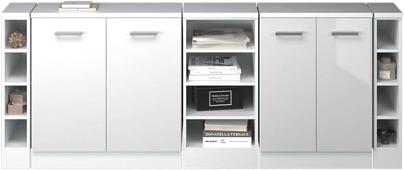 Set di mobili sottotetto Rion, Bianco lucido, 210 cm Set di 5 carcasse armadio profondità 60 cm, adatto per il salvaspazio sotto tetti spioventi