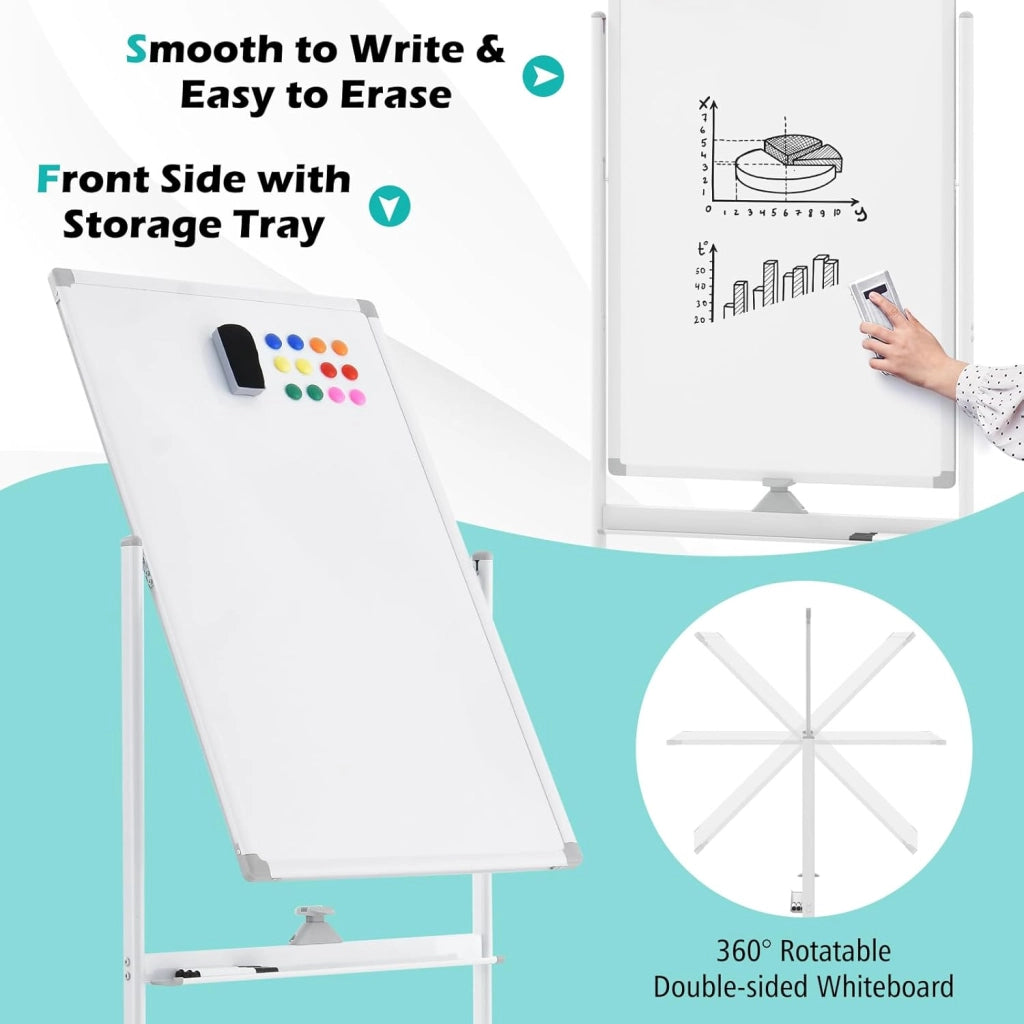 Lavagna bianca mobile double face, 60 x 100 cm, lavagna magnetica su gambe regolabile in 2 altezza, cancellabile a secco, pennarelli neri, cancellatore, magneti (bianco, 60 x 100 cm)