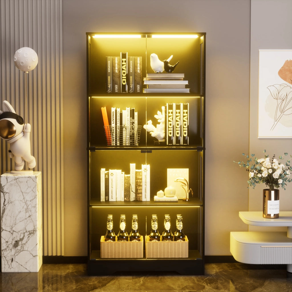Vetrina in vetro a 4 livelli con ante in vetro; illuminazione LED a tre colori e sensore di movimento; per soggiorno e camera; 80 × 35 × 165 cm
