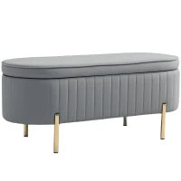 Panca Contenitore Ovale da 72L con Coperchio Sollevabile, in Tessuto Vellutato e Legno, 108x44x43.5 cm, Grigio