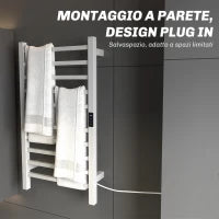 Scaldasalviette Elettrico Smart a 10 Barre con Timer e Display LCD, in Acciaio Inox, 45x11x80 cm, Bianco