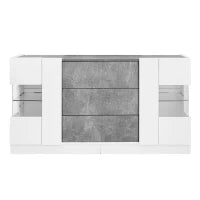 Credenza con illuminazione LED, cassetti, frontali lucidi ed effetto marmo, 140x35x75 cm, Bianco e Grigio