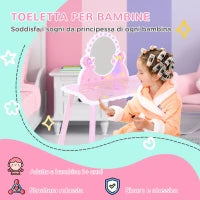 Toeletta per Bambini con Sgabello in Legno, Tavolo Trucco con Specchio Moderno e Cassetto, 59L x 39P x 77A cm, Rosa