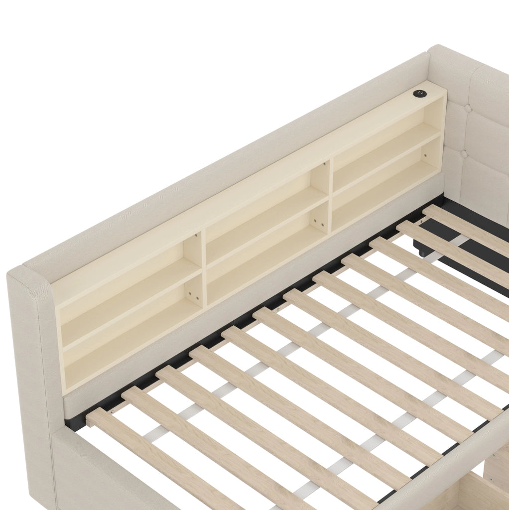 Letto 90x200 cm con 2 cassetti; USB e Tipo C in lino e MDF beige
