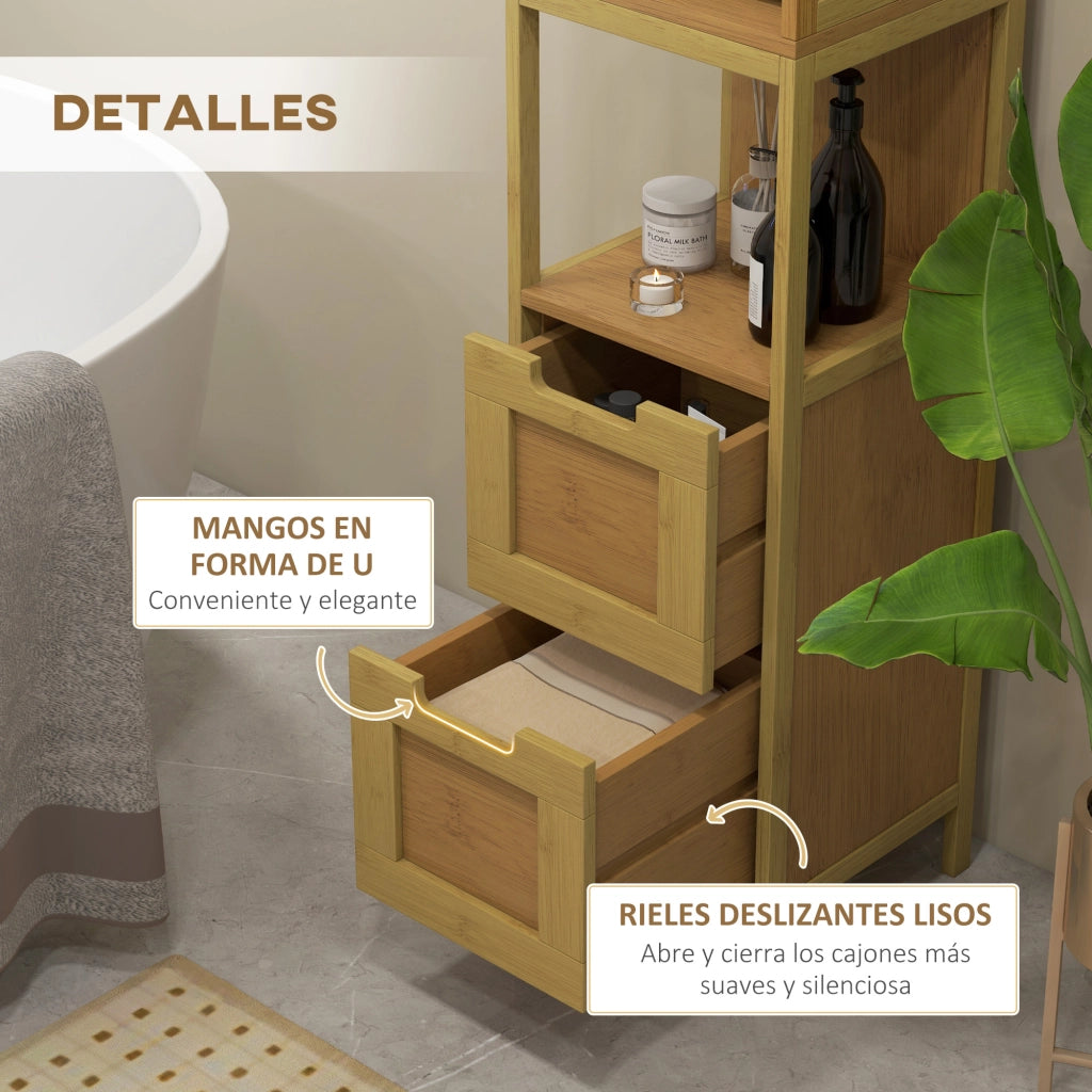 Armadietto Bagno Alto con 3 Ripiani e 2 Cassetti in Bamb¨´ ¨C Minimal ¨C 30x30x144 cm