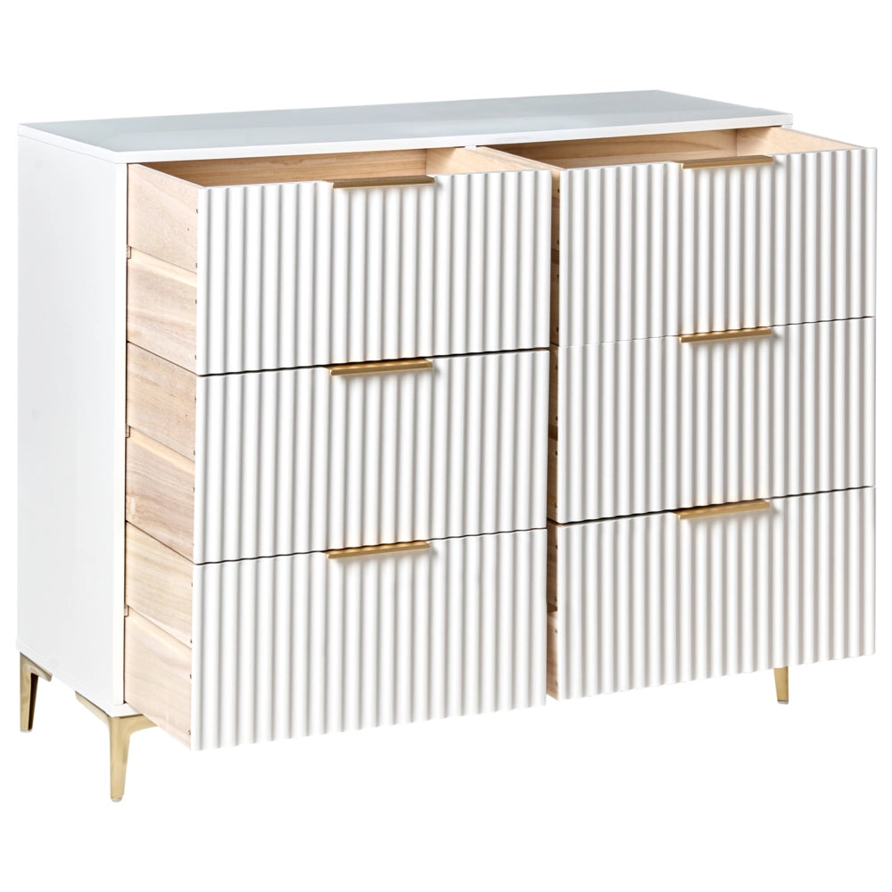 Cassettiera bianco MDF 6 Cassetti Gambe in Metallo Maniglie Fronti Scanalati Design Moderno Camera da Letto Soggiorno