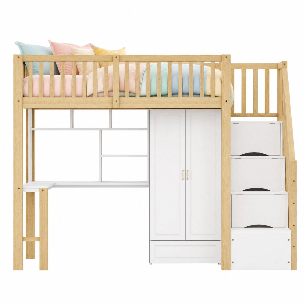 Letto a soppalco 90x200 cm con armadio; scrivania e scala con cassetti; bianco e legno