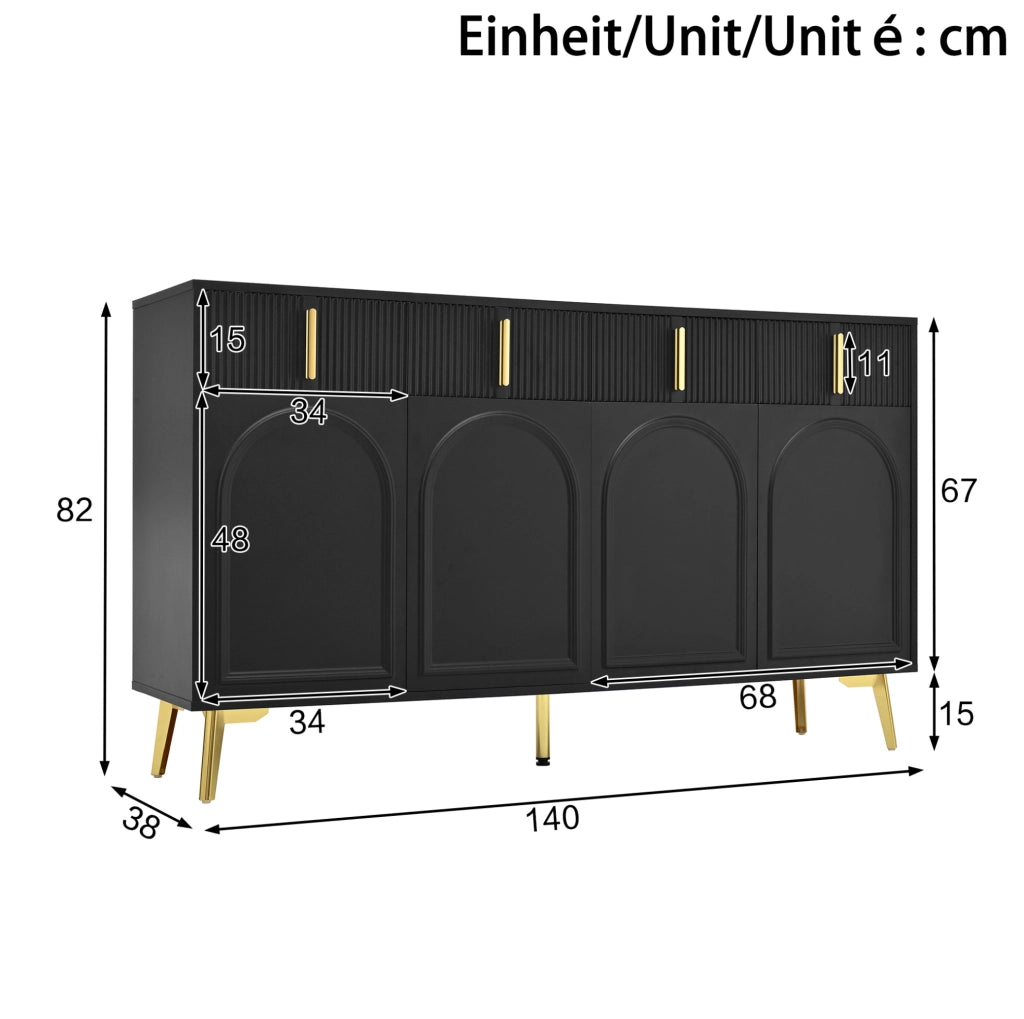 Credenza 140x38x82 cm con 4 ante; 4 cassetti; MDF nero