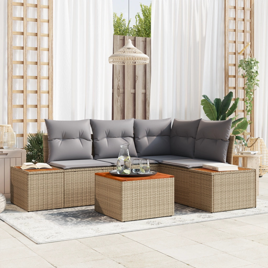 Set Divani da Giardino 5 Pezzi con Cuscini Beige Polyrattan Acacia