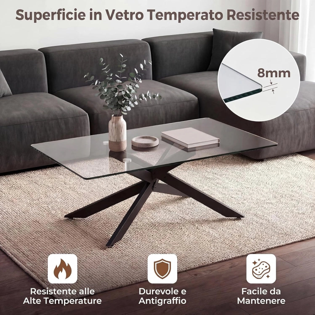 Tavolino da Salotto con Piano in Vetro Temperato, Gambe Incrociate e Piedini Regolabili, Tavolo Basso in Stile Industriale per Soggiorno, Camera da Letto, Ufficio, 120 X 60 X 45,5 CM (Nero)