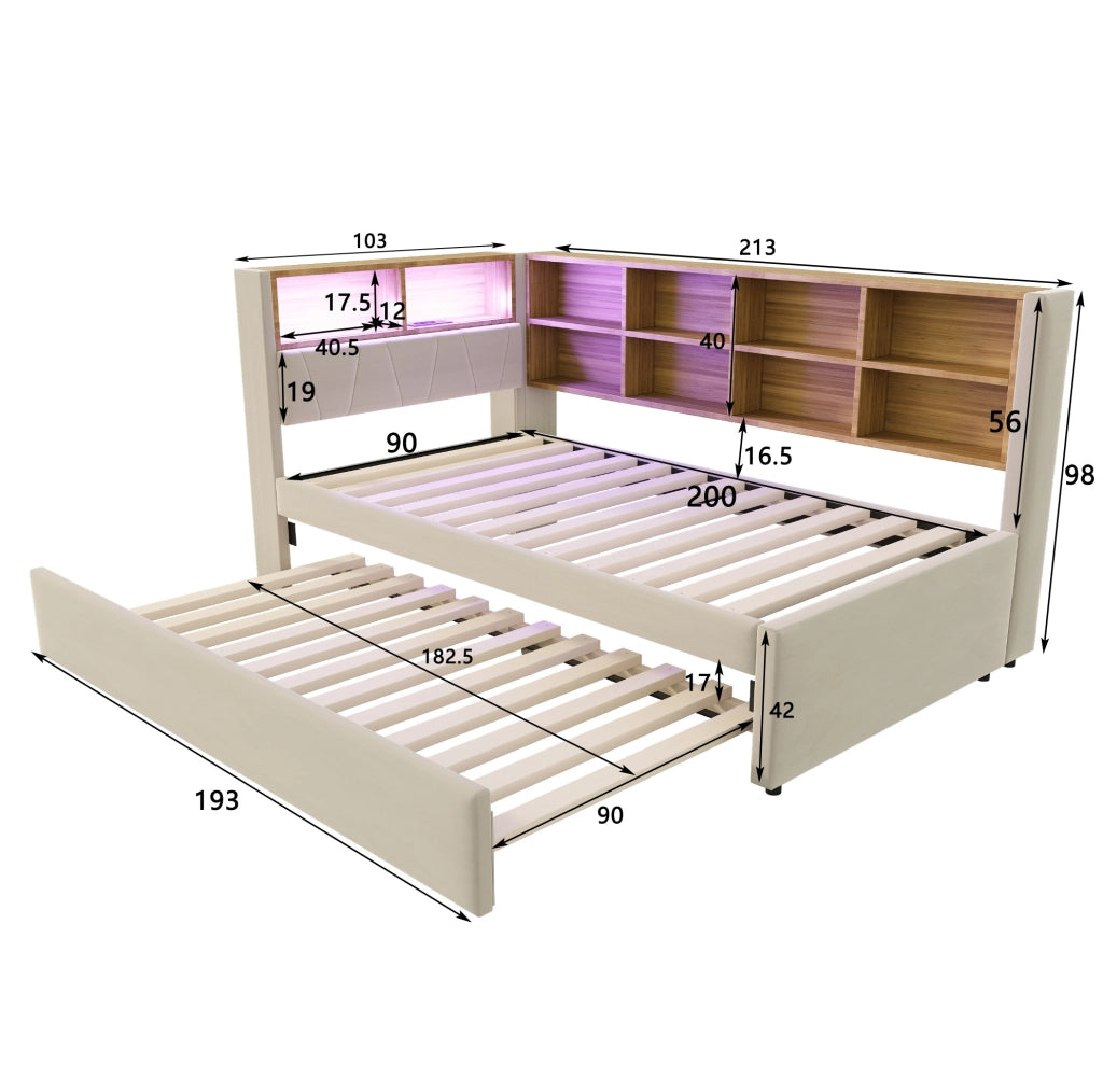 Divano letto 90x200 cm con letto estraibile; LED e contenitori in flanella beige