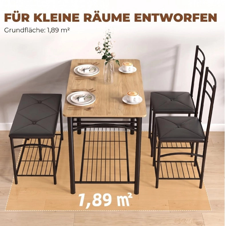 Set da pranzo industriale 4 posti con tavolo, 2 sedie e panca