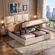 Letto matrimoniale contenitore 160x200 cm con testiera imbottita luci da lettura e rete a doghe struttura letto con ricarica USB in lino-beige