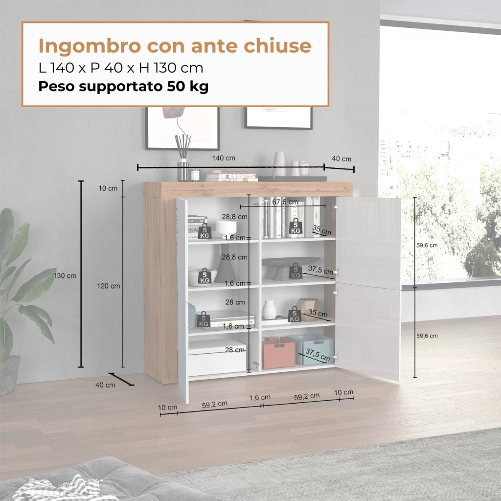 WHOUS Madia Chronos a 4 ante bianco lucido e rovere 140x40x130 cm