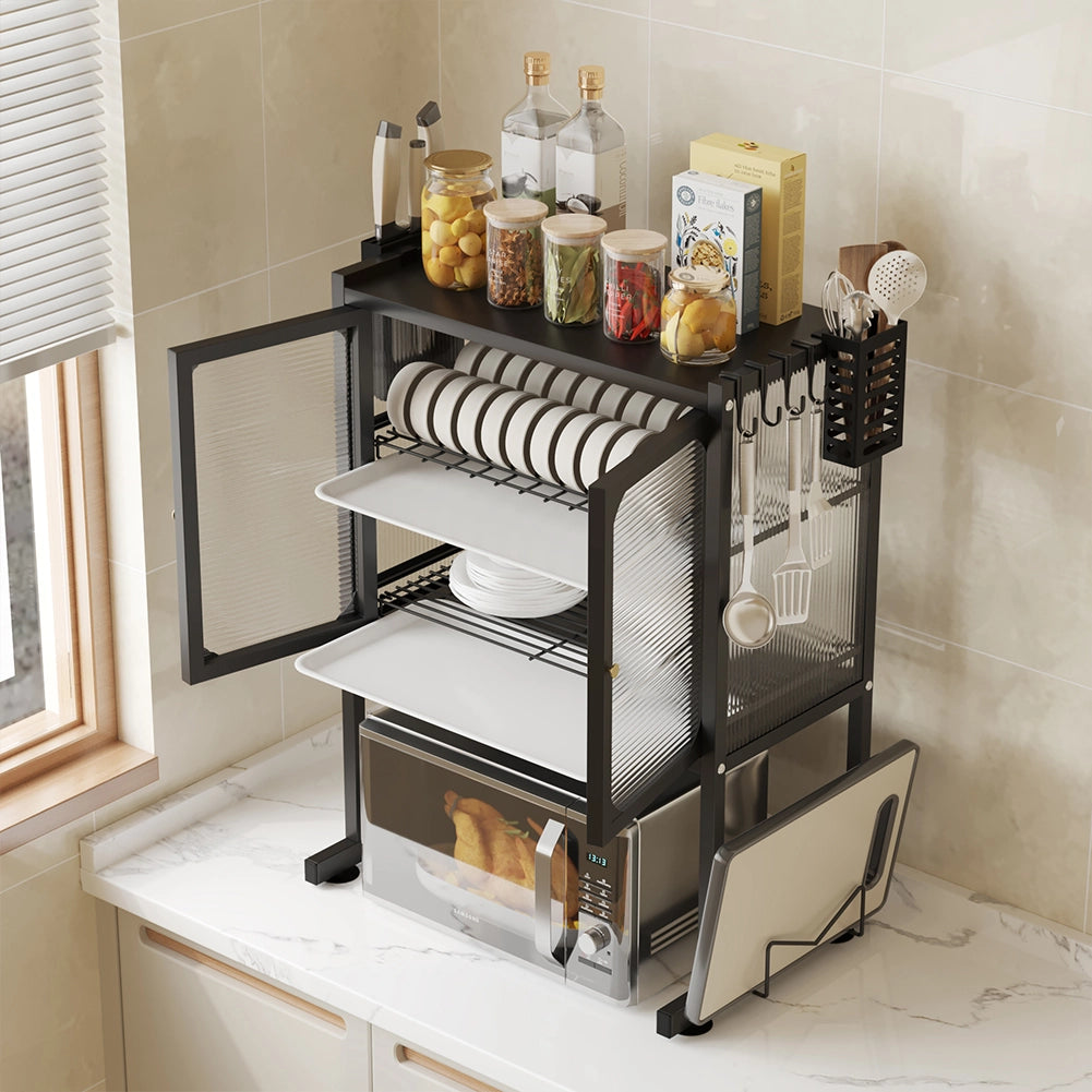 Scaffale Porta Microonde con Vetrinetta in Metallo 57x37H76cm Salvaspazio Nero