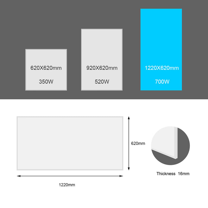 Set Pannello radiante a infrarossi 700W 1220x620x15 mm e Termostato, Riscaldamento IR