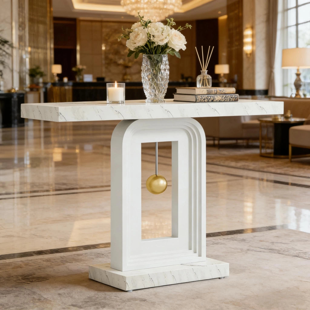 Consolle con base geometrica, piano in marmo bianco e MDF, per ingresso e soggiorno, bianca 100 cm