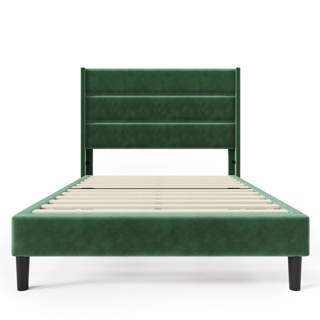 Letto singolo 90x200 cm in velluto verde scuro con rete a doghe e testiera imbottita