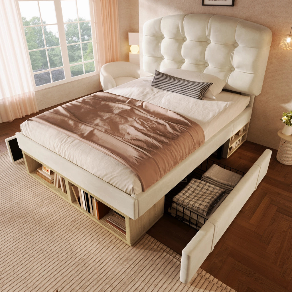 LETTO imbottito 90x200 cm in velluto beige con testiera regolabile e cassetti