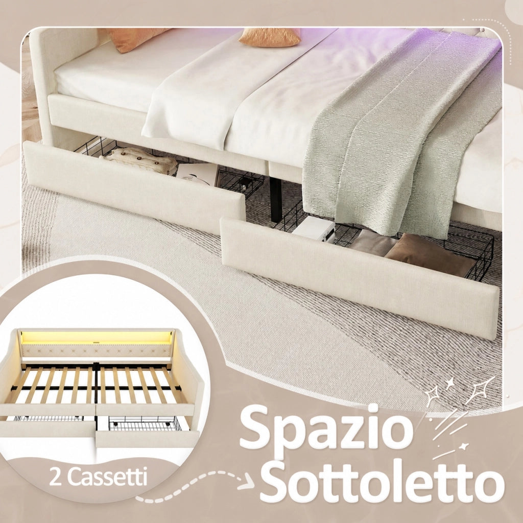 Divano letto singolo 90 x 200 cm con 2 cassetti luce LED e presa USB; lino e MDF; grigio