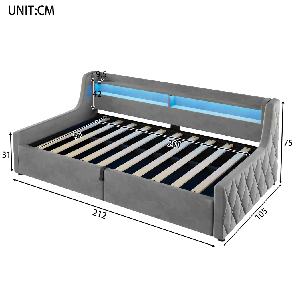 Letto singolo imbottito 90x200 cm in flanella grigia con contenitore idraulico e LED