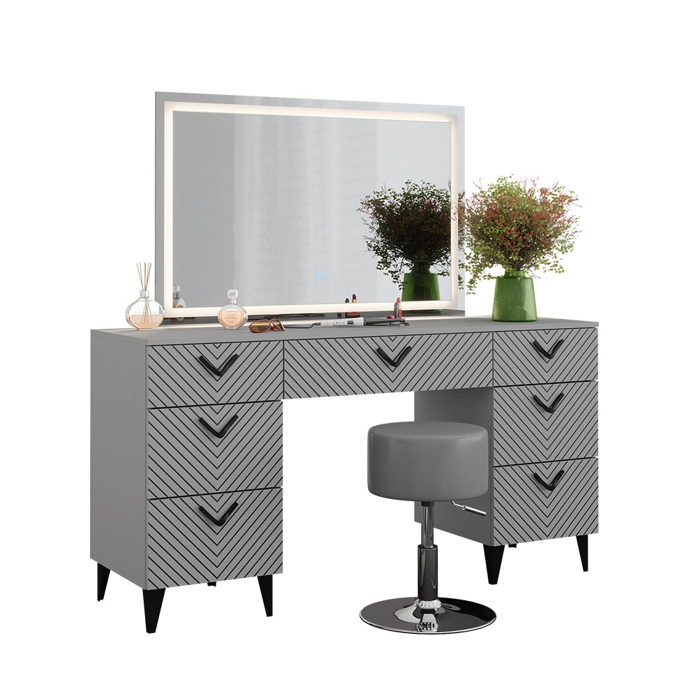 Vicco Tavolo da toeletta Grigio 150 cm con specchio LED e sgabello