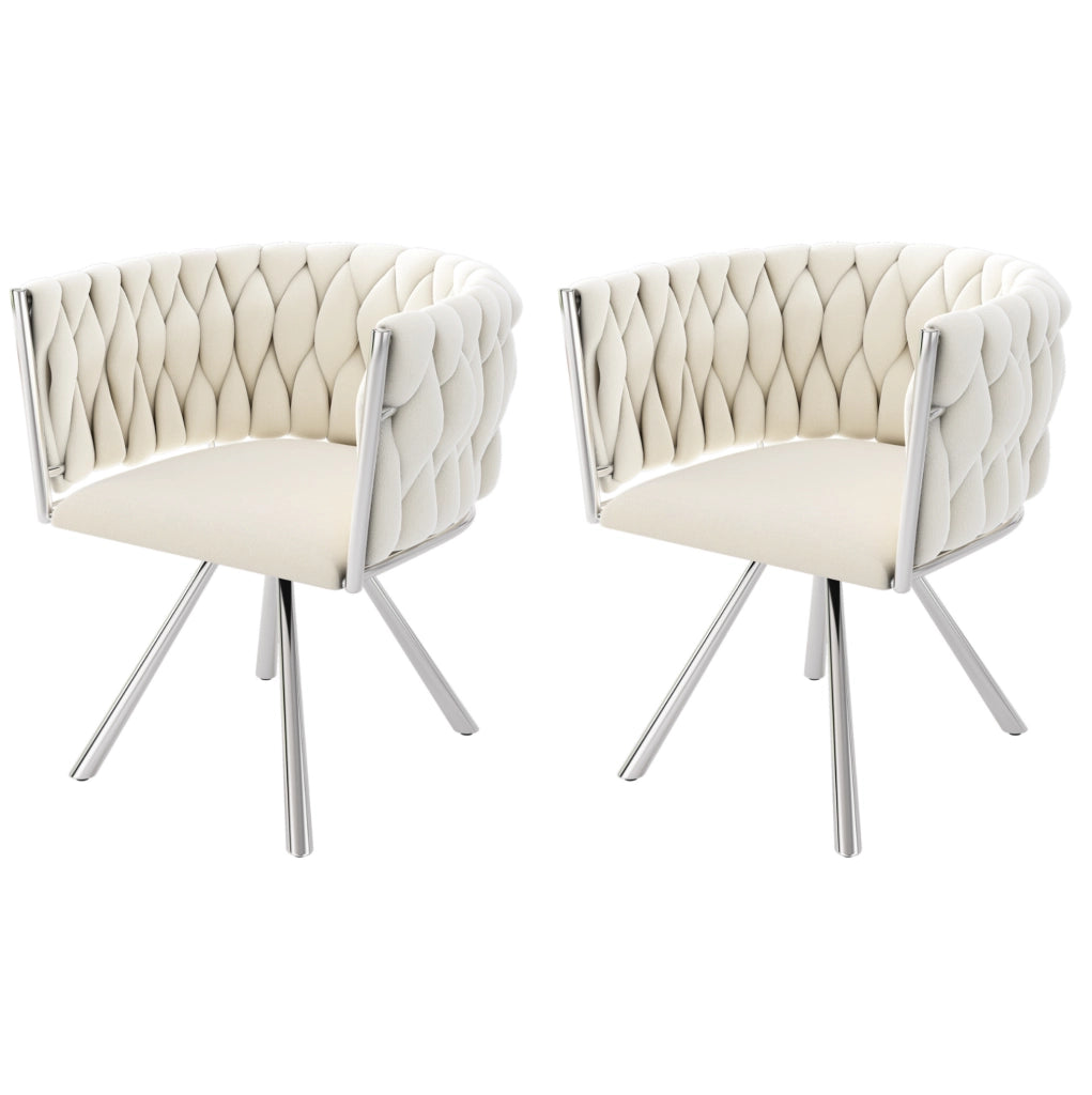 Set da 2 Sedie da Pranzo in Velluto Beige con Base Girevole in Metallo Argento