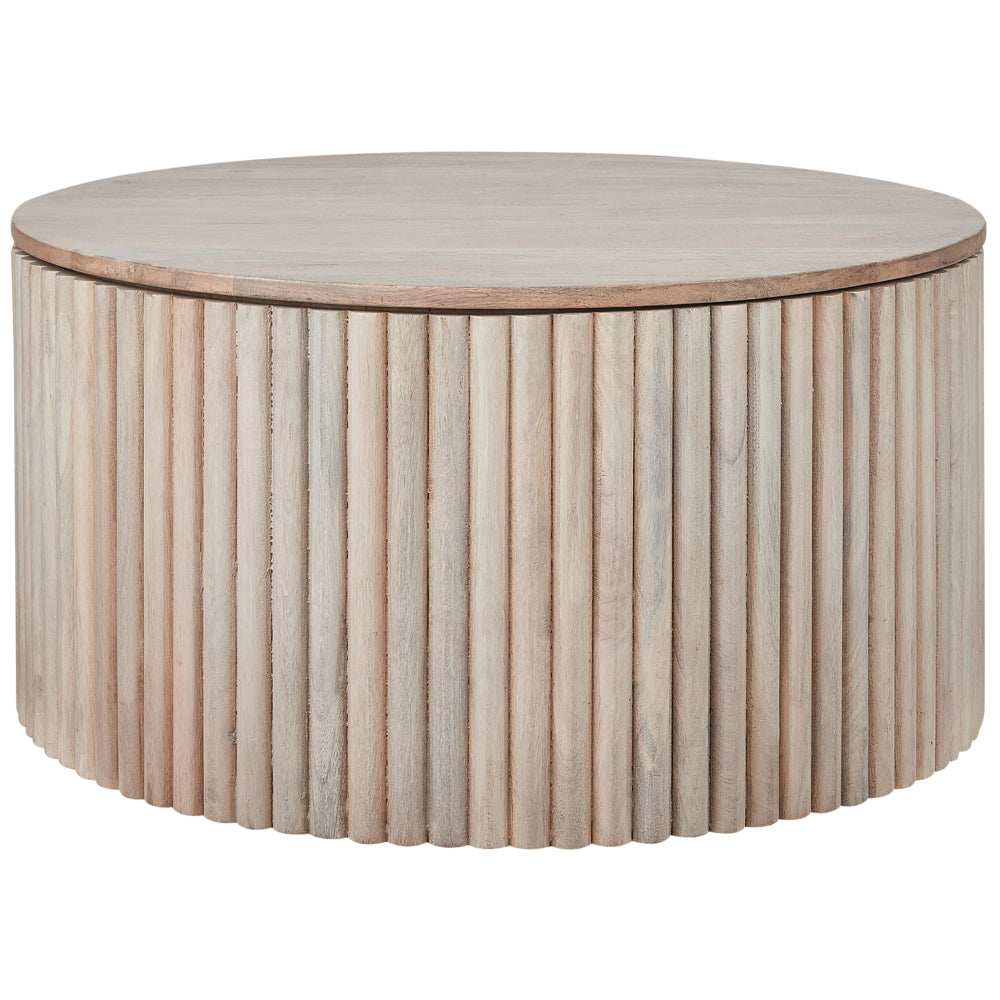 Tavolino moderno con contenitore e base rotonda in legno di mango chiaro soggiorno sala da pranzo contemporaneo