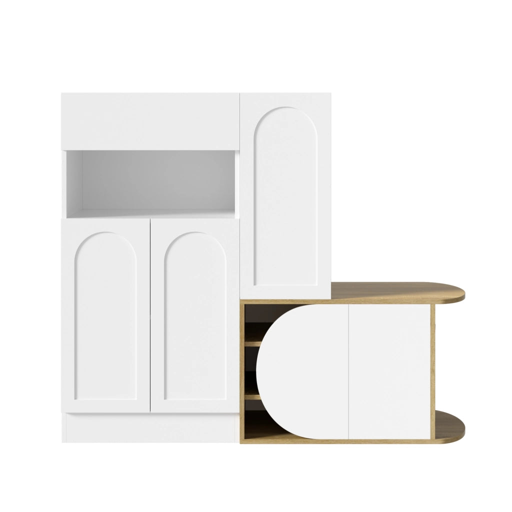 Mobile portascarpe con panca e vano a giorno, 1 cassetto, 5 ante, MDF, bianco e effetto legno, 130 x 35 x 110,5 cm