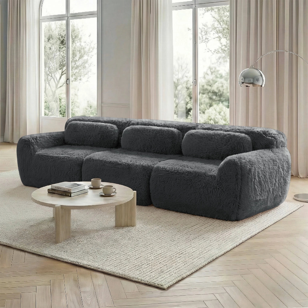 Divano Modulare 3 Posti senza Montaggio con Cuscini; Base Antiscivolo; Seduta Ampia Ergonomica in Peluche Grigio