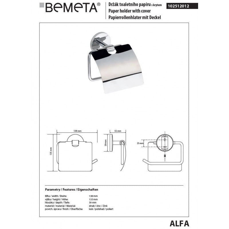 ALFA Dispenser di Carta Igienica con Coperchio in Zinco 5,5 x13,5x13,8cm