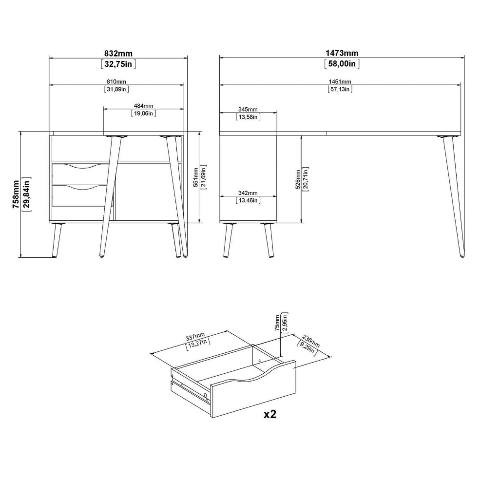 Scrivania Katherine, Scrittoio multiuso, Tavolo per ufficio porta PC, Piano di lavoro, 145x81 h76 cm, Bianco e Quercia